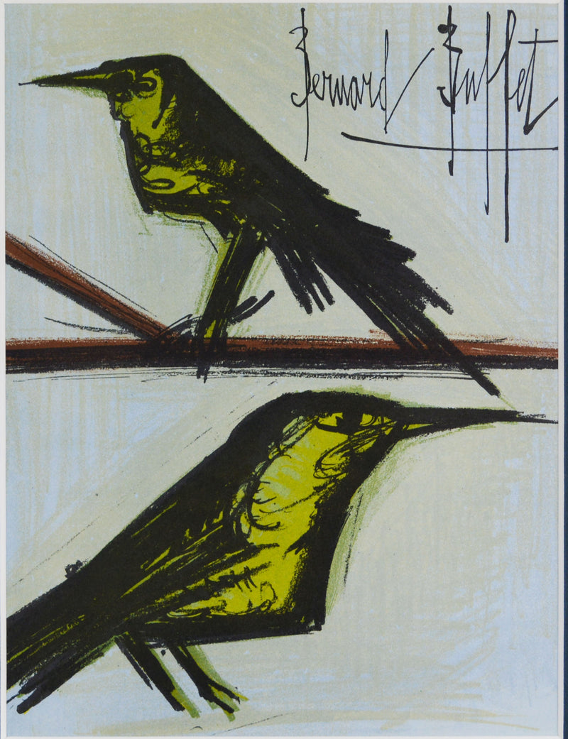ベルナール ビュッフェ 『二羽の鳥【LITHOGRAPHIES 1952-1966より】』版画 リトグラフ 本 1967年パリで制作 作家生前作品 新品の額付き 壁面への取付けフック付き