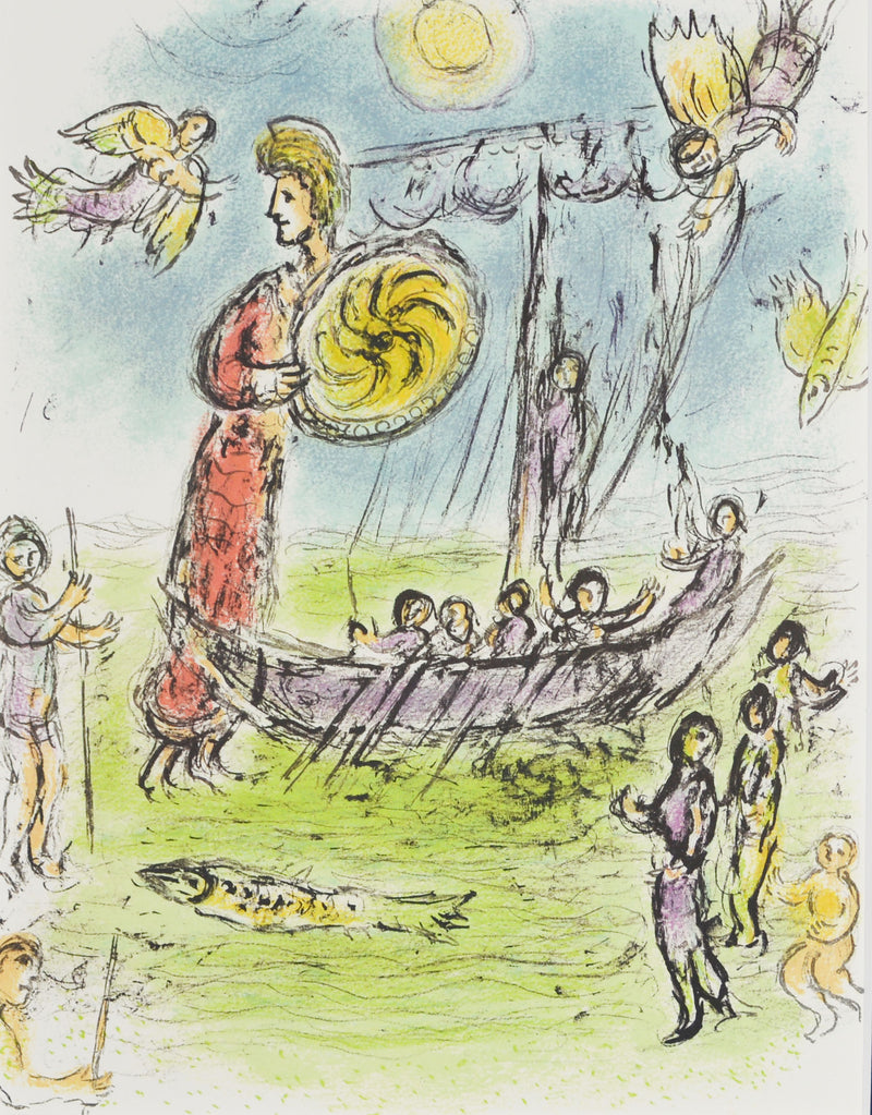 マルク シャガール 『父オデュッセウスを探す旅に出るテレマコス。船を導く女神アテナ【オデュッセイア】』 絵画 グラノリトグラフ 1989年西ドイツで制作(復刻)