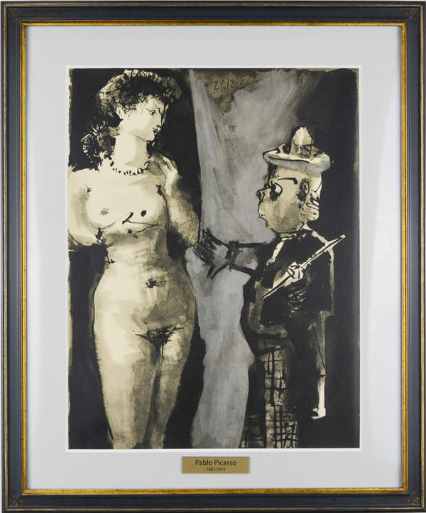 パブロ ピカソ 『裸のモデルと画家【人間喜劇より】』リトグラフ 1954年パリで制作 作家生前作品 ムルロ工房 新品の額付き 壁面への取付け用フック付き