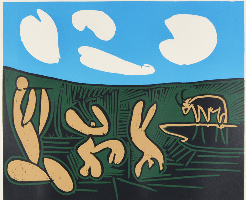 パブロ ピカソ 『バッカス神の祭りと4つの雲【酒神の宴、女、雄牛と闘牛士より】』リノカット 1962年制作 作家生前作品 新品の額付き 壁面への取付け用フック付き