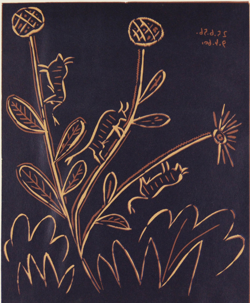 パブロ ピカソ 『トリトスのいる植物【酒神の宴、女、雄牛と闘牛士より】』リノカット 1962年制作 作家生前作品 新品の額付き 壁面への取付け用フック付き