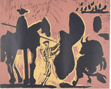 パブロ ピカソ 『雄牛を突く寸前【酒神の宴、女、雄牛と闘牛士より】』リノカット 1962年制作 作家生前作品 新品の額付き 壁面への取付け用フック付き