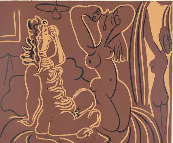 パブロ ピカソ 『三人の女【酒神の宴、女、雄牛と闘牛士より】』 リノカット 1962年制作 作家生前作品 新品の額付き 壁面への取付け用フック付き