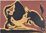 パブロ ピカソ 『マントに突進する闘牛【酒神の宴、女、雄牛と闘牛士より】』リノカット 1962年制作 作家生前作品 新品の額付き 壁面への取付け用フック付き