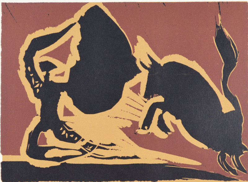 パブロ ピカソ 『マントに突進する闘牛【酒神の宴、女、雄牛と闘牛士より】』リノカット 1962年制作 作家生前作品 新品の額付き  壁面への取付け用フック付き