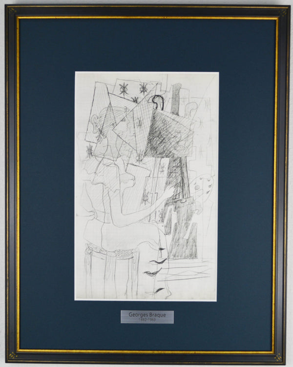 ジョルジュ ブラック『絵を描く女【ジョルジュ・ブラックのスケッチブックより】』版画 ヘリオグラビュール 1955年パリで制作 作家生前作品 新品の額付き 壁面への取付け用フック付き