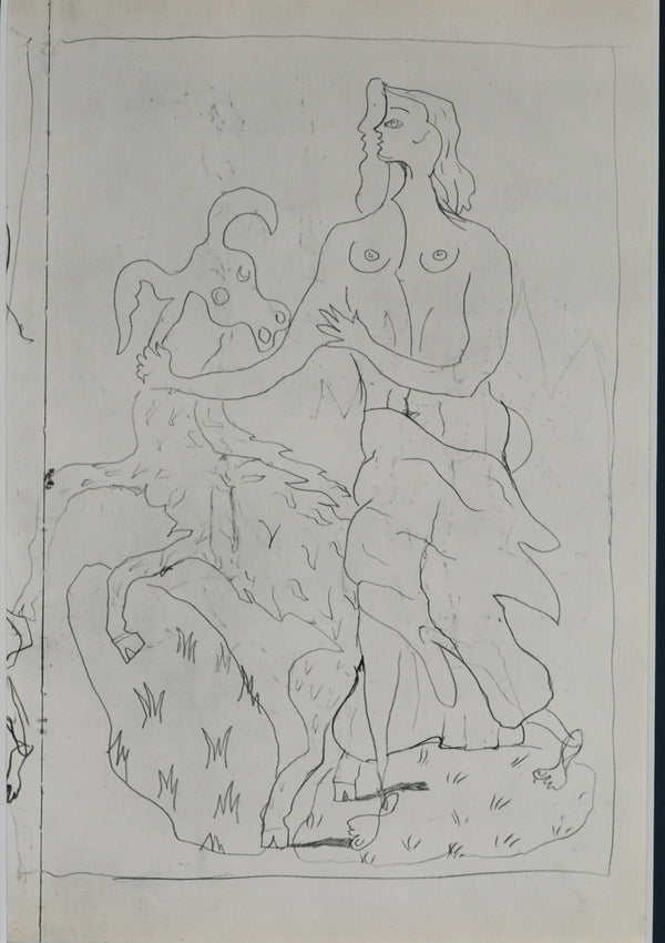 ジョルジュ ブラック『女と山羊【ジョルジュ・ブラックのスケッチブックより】』版画 ヘリオグラビュール 1955年パリで制作 作家生前作品 新品の額付き 壁面への取付け用フック付き
