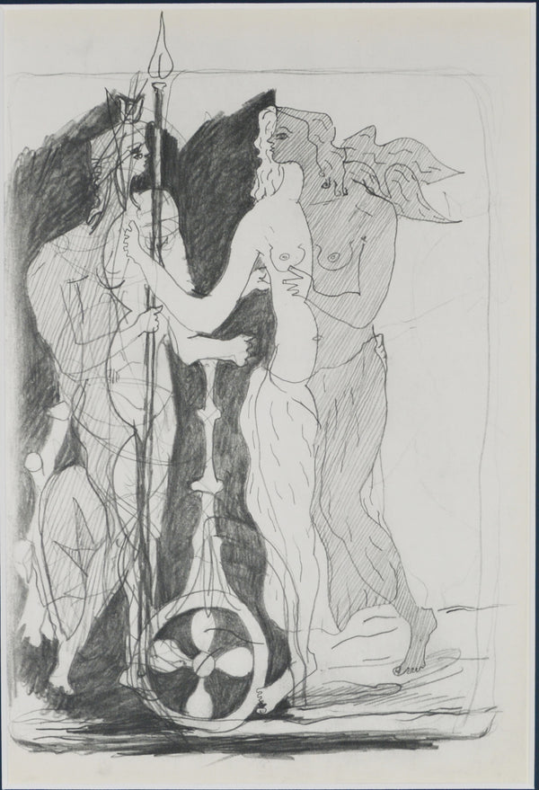 ジョルジュ ブラック『裸の女と杖を持つ男【ジョルジュ・ブラックのスケッチブックより】』版画 ヘリオグラビュール 1955年パリで制作 作家生前作品 新品の額付き 壁面への取付け用フック付き