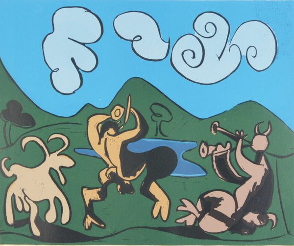 パブロ ピカソ 『牧神と山羊【酒神の宴、女、雄牛と闘牛士より】』 絵画 本 版画 リノカット 1962年制作 作家生前作品 新品の額付き 壁面への取付け用フック付き